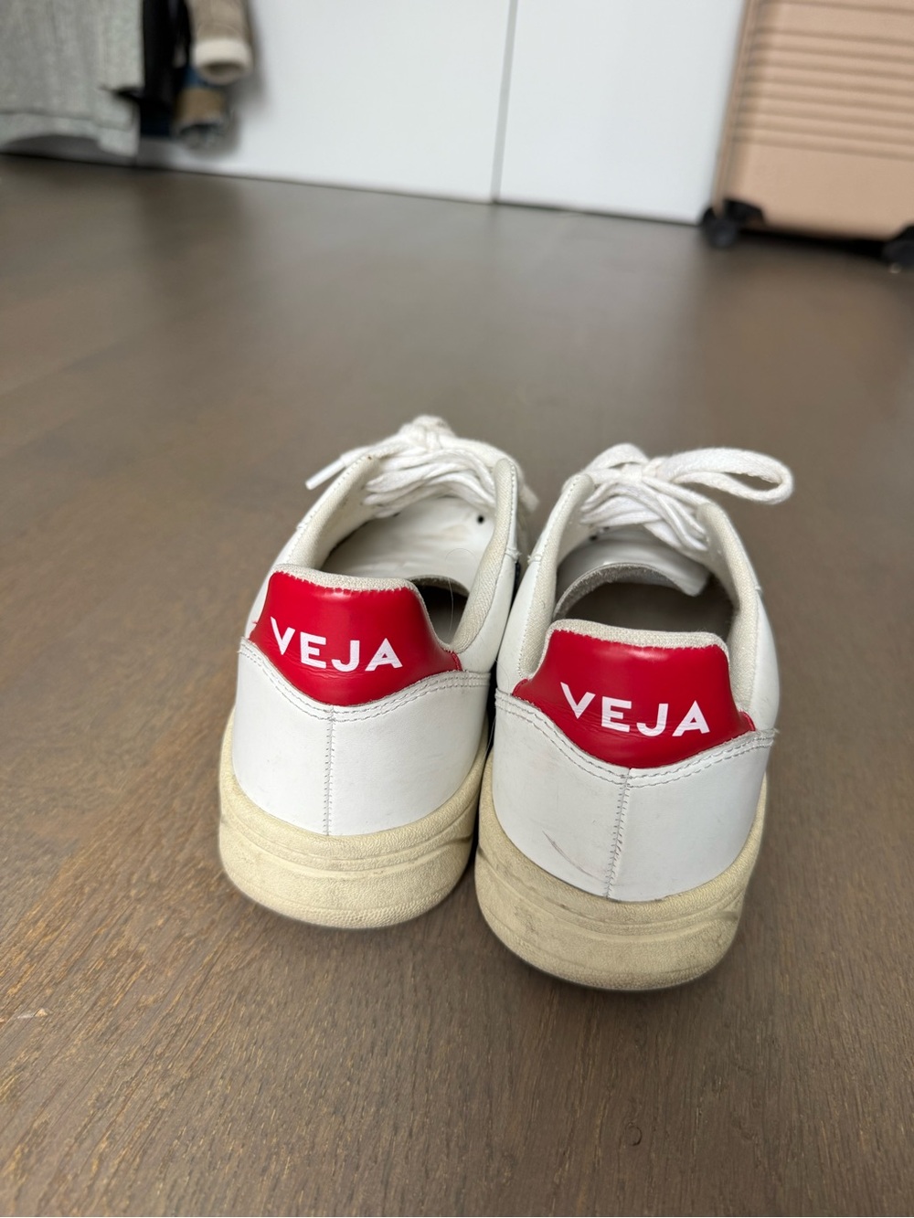 Veja Women’s White Leather Sneakers with Black V and Red Heel Tab - Picture 3 of 4